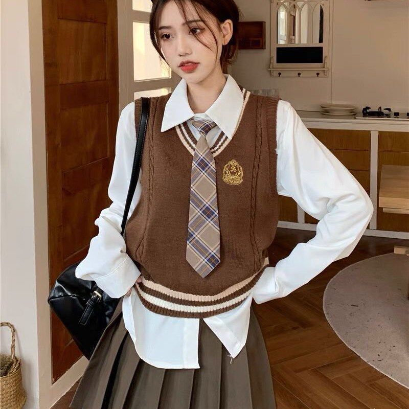三件套装/单件学院风马甲背心盐甜针织马甲女穿搭长袖衬衫+百褶裙