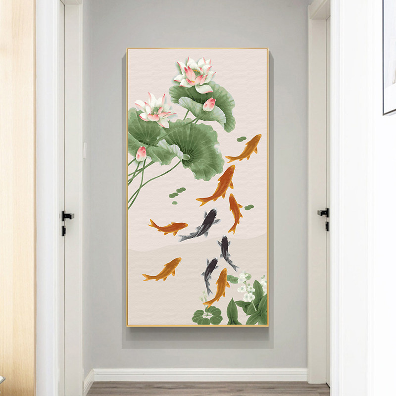 竖版荷花九鱼图DIY数字油彩画新中式客厅玄关招财寓意好装饰画