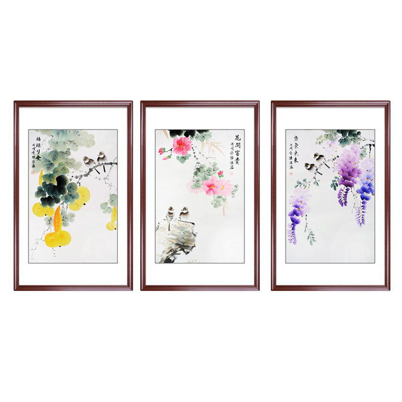 手绘牡丹国画 画花鸟画 画客厅沙发三联壁画 画玄关竖幅装饰新中