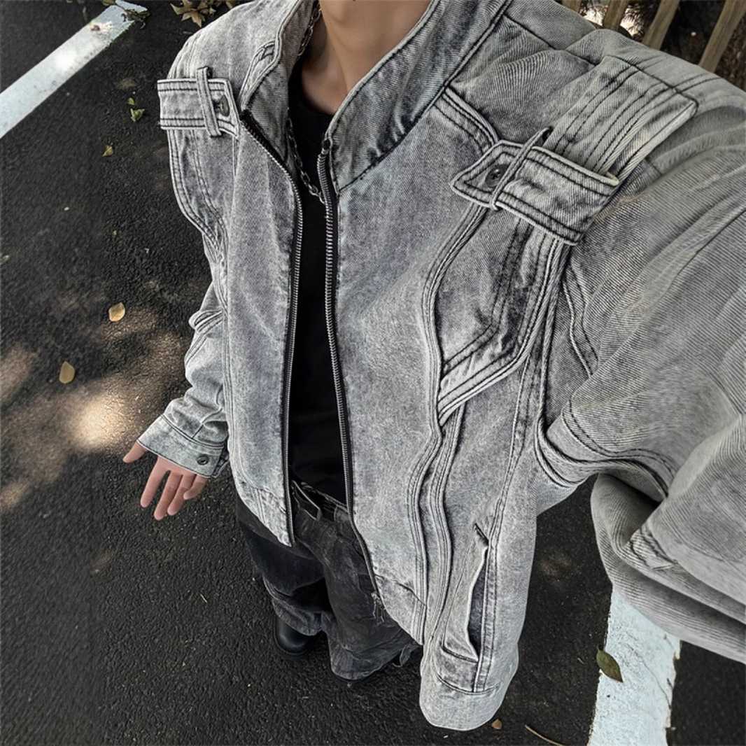 重工拼接设计感牛仔外套男cleanfit复古街头潮牌痞帅高级感夹克