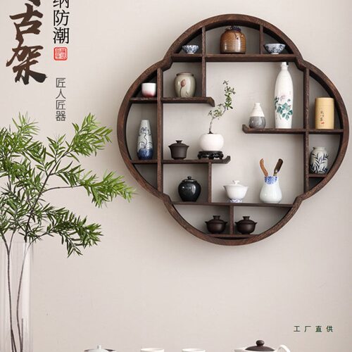 梅花博古架实木中式墙面壁挂式多宝阁挂墙简约茶壶架子仿古置物架