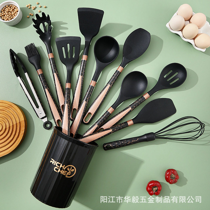 跨境热销厨具12件套硅胶厨具仿石头纹硅胶铲子烹饪厨具收纳桶套装