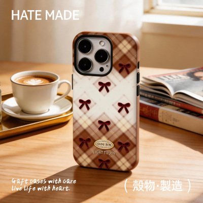 原创菲林二合一美拉德棕白渐变格纹酒红丝绒蝴蝶结适用 iPhone16promax 手机壳 15pro 全包防摔 14/13 软壳