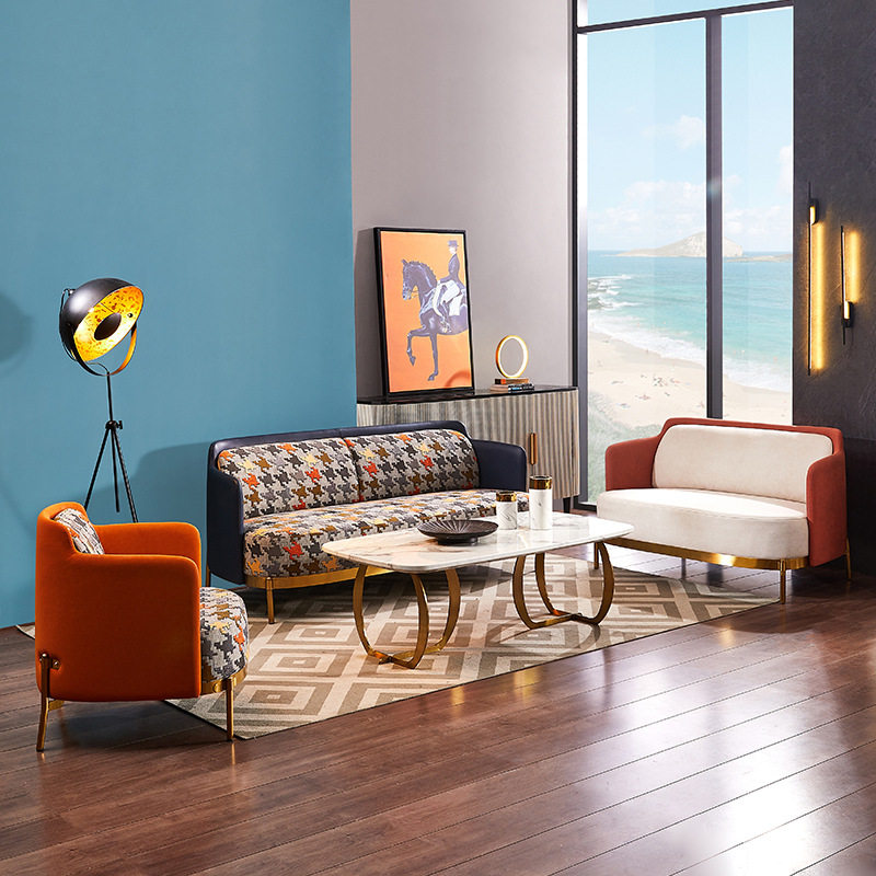 轻奢皮艺沙发北欧简约客厅双三人组合休闲椅现代酒店大堂接待套装