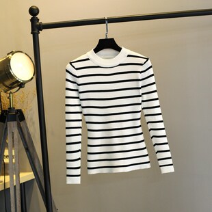 春季打底衫女2019新款半高领中袖黑白条纹上衣修身针织毛衣套头衫