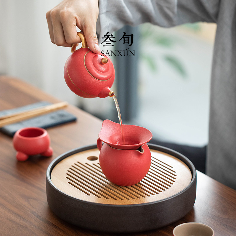 叁旬宫廷红轻奢茶具套装家用办公简约陶瓷茶壶功夫茶盘整套礼盒装