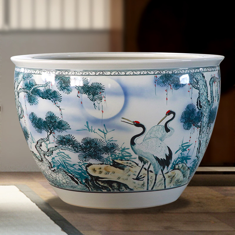 景德镇陶瓷金鱼缸手绘松鹤延年养乌龟水缸大号睡莲荷花盆庭院造景