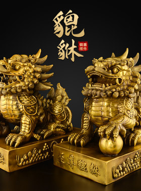 貔貅摆件招聚黄铜霸王皮丘公母一对财客厅家用办公室入户大号貔恘