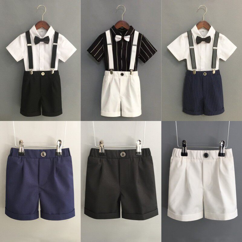 男童西装短裤夏季白色儿童西装裤男宝背带裤套装小男孩松紧腰裤子