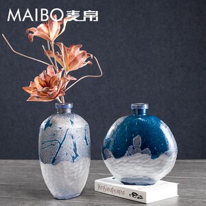 新中式琉璃手工磨刻花器 书房办公室居家软装花瓶轻奢 装饰品摆件