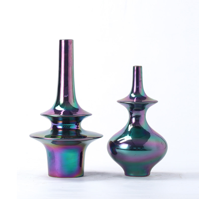 样板间客厅装饰品干花插花器摆件简约家居镀五彩陶瓷花瓶花艺摆设