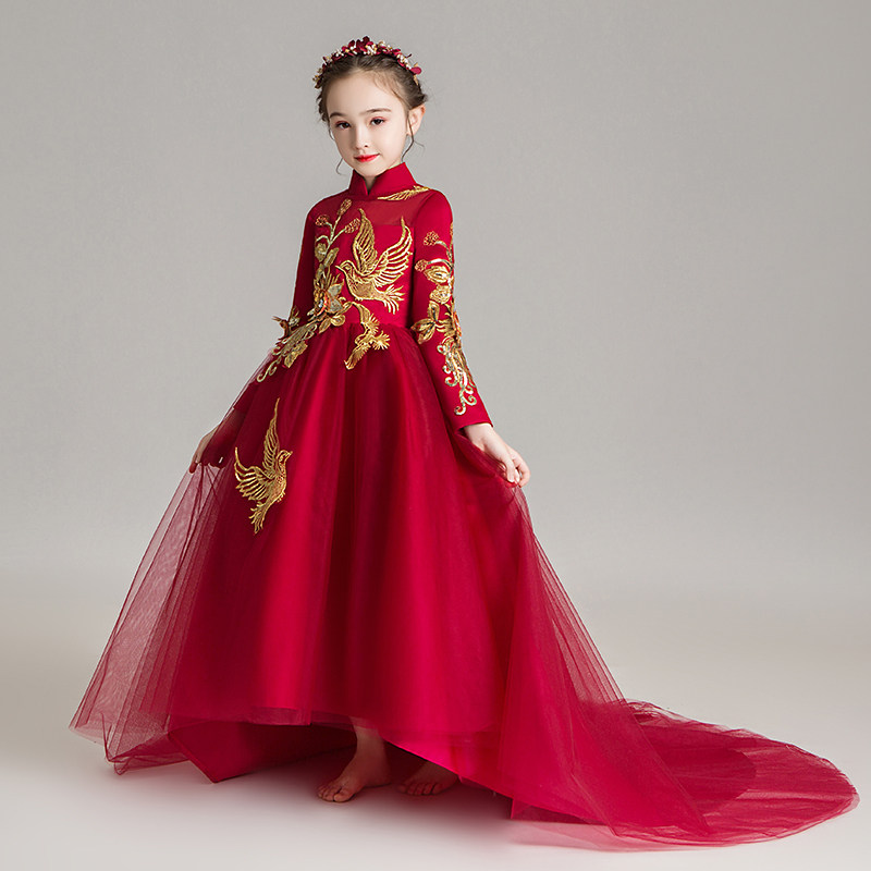 儿童晚礼服公主裙超长拖尾婚纱小模特走秀演出服拖地女童红色旗袍
