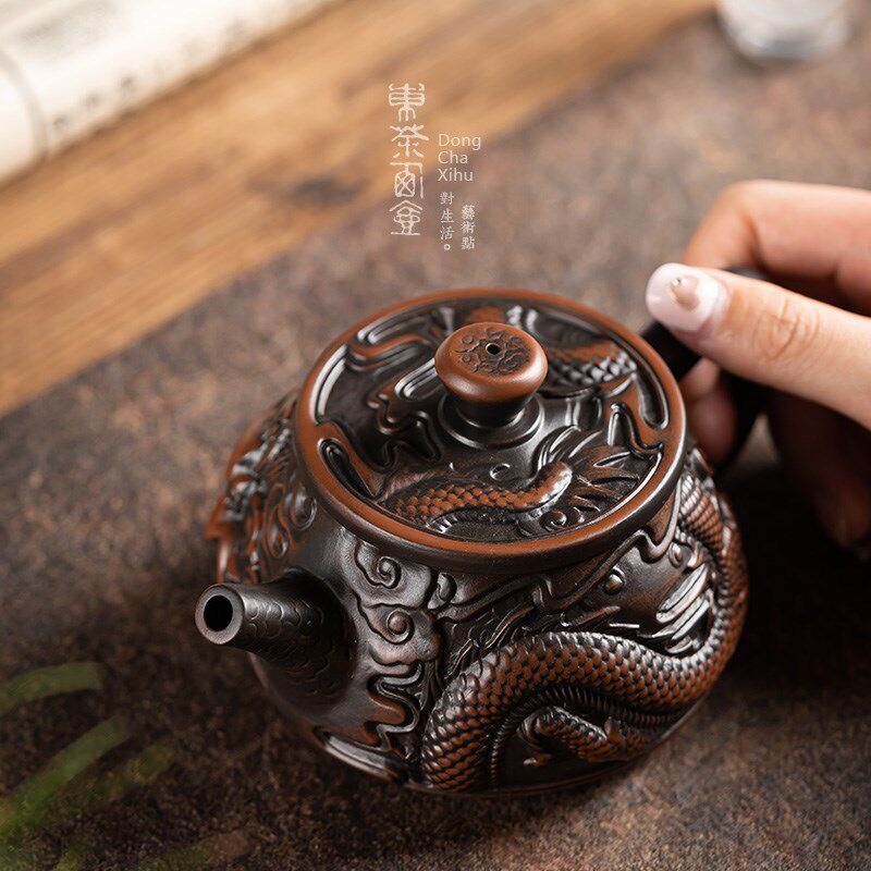 紫陶茶壶浮雕堆雕盘龙石瓢壶云南建水半手工泡茶器工夫具单壶家用