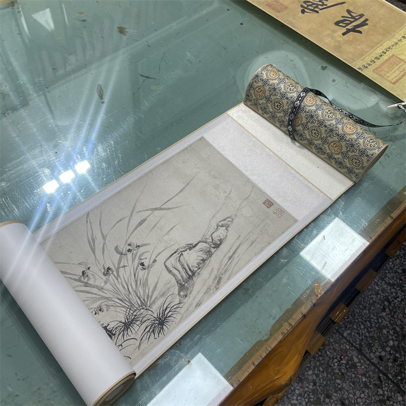 仿古国画手卷临摹范本明 文徵明兰竹图 墨竹兰花复古长卷绢布装裱