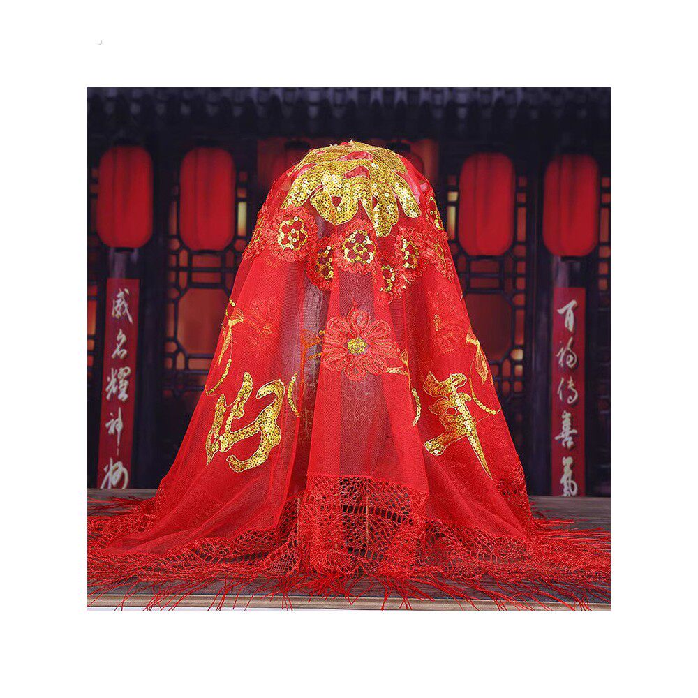 拜堂结婚盖头新款红色纱巾新娘中式亮片刺绣长款流苏结婚蒙头披肩
