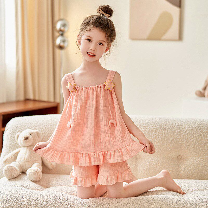 夏季新款女童纯棉吊带套装小女孩短袖短裤家居服薄款睡衣甜美女孩