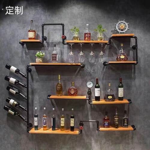 复古工业风酒吧铁艺墙上置物架壁挂红酒架摆件装饰创意酒柜实木架