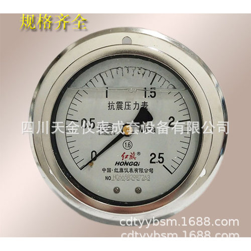 红旗轴向带边耐震压力表YN-100ZT充油防震水油压表0-1 1.6 2.5mpa
