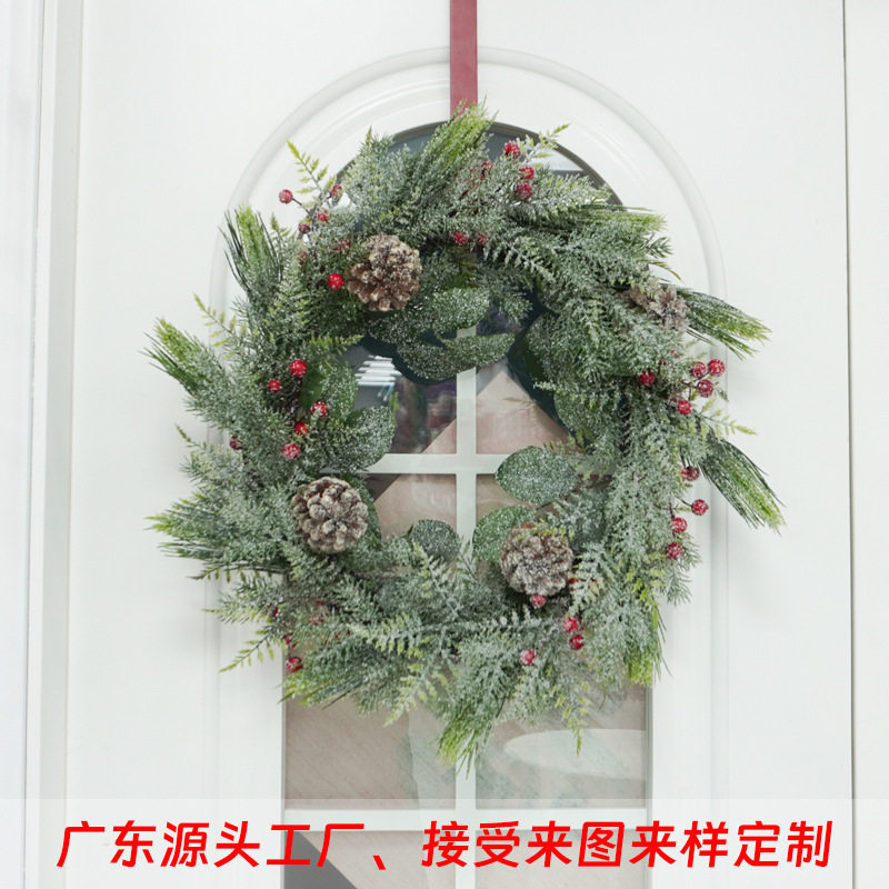 跨境热卖雪霜松针圣诞花环圣诞装饰仿真松柏藤环圣诞橱窗布置道具