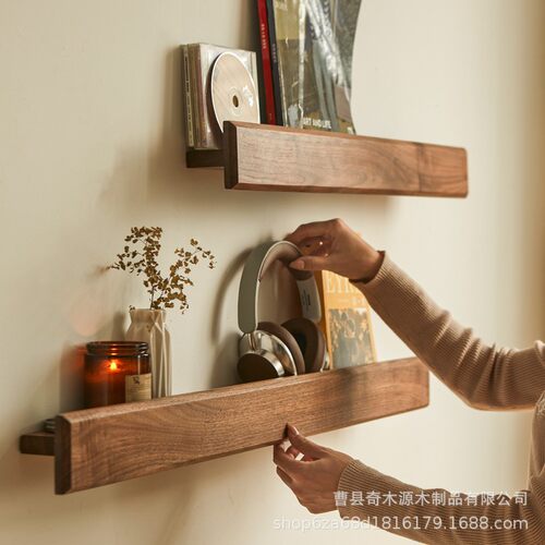 墙上置物架书报杂志架墙面黑胡桃实木一字隔板复古展示架墙壁壁挂