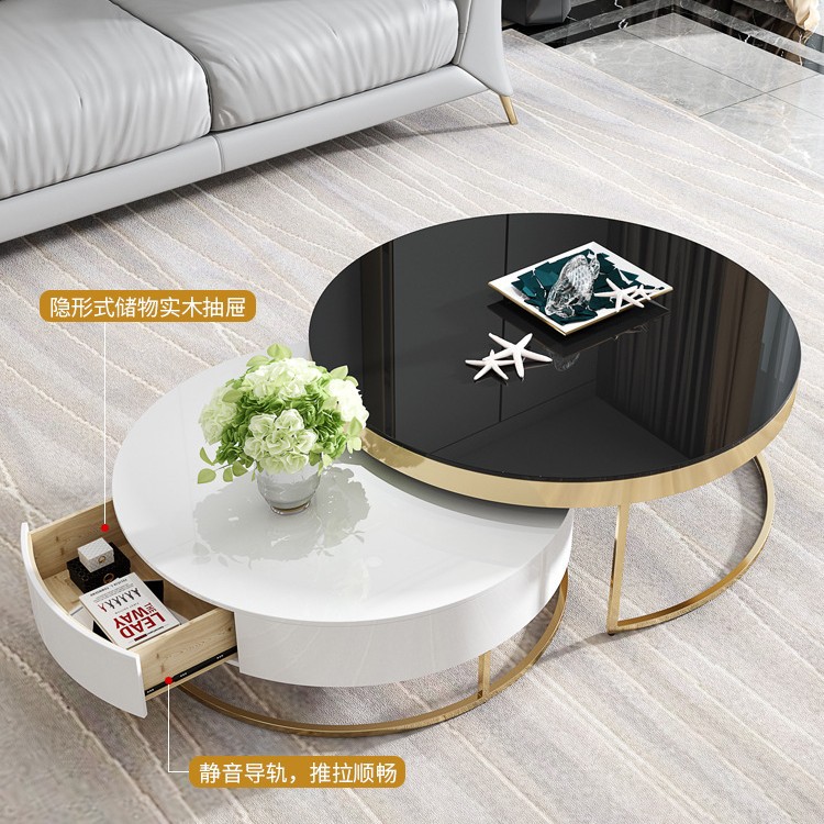 北欧轻奢镀金不锈钢大理石茶几简约大小户型客厅高低抽屉圆形茶几