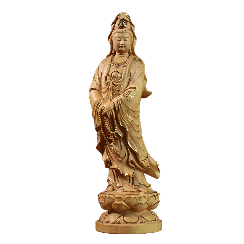小叶黄杨木雕刻摆件拿珠观音家用饰品供奉实木工艺品贴金佛像菩萨