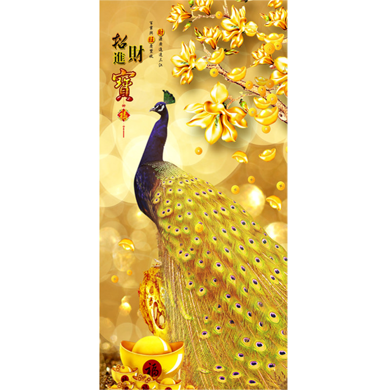玄关壁画发财树装饰画走廊过道贴画招财进宝摇钱树孔雀流水生财