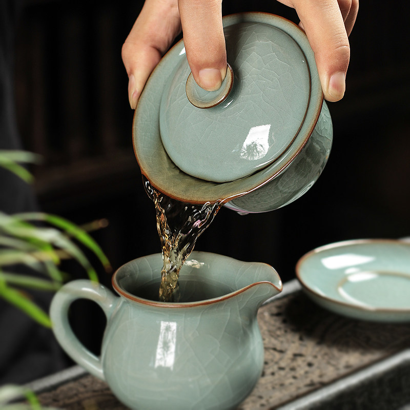 净隐青瓷三才盖碗功夫茶具套装家用茶杯整套哥窑冰裂开片简约茶道