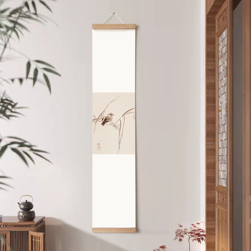 极简新中式水墨花鸟国画装饰画竖长幅卷轴挂画茶室日式实木挂轴画