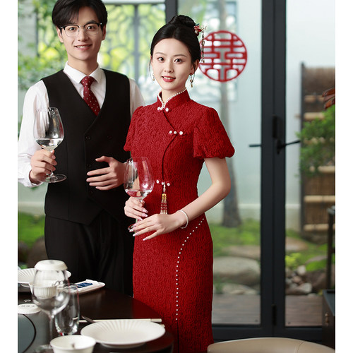 旗袍敬酒服新娘2024新款小个子红色订婚礼服裙女回门结婚便装修身