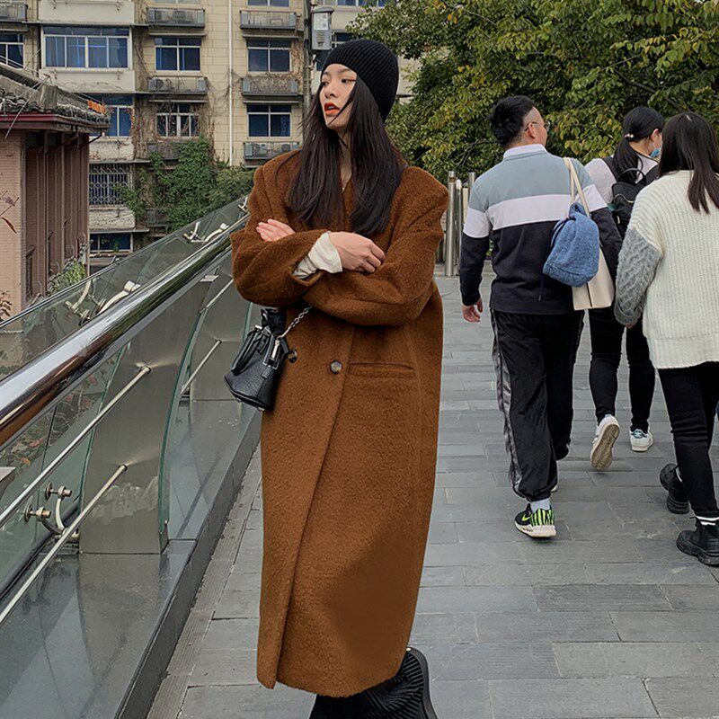 洛边焦糖色色新冬大衣博主风宽松中长款西装领双排扣外套羊毛毛呢