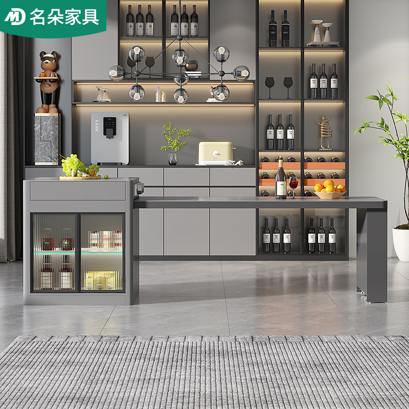轻奢岩板岛台餐桌一体可伸缩家用开放式厨房吧台定制饭桌茶台5E47