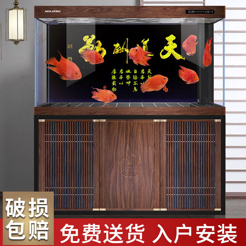 闽江大型水族箱客厅家用中式木纹超白玻璃底滤红龙缸1.5/1.8/2米