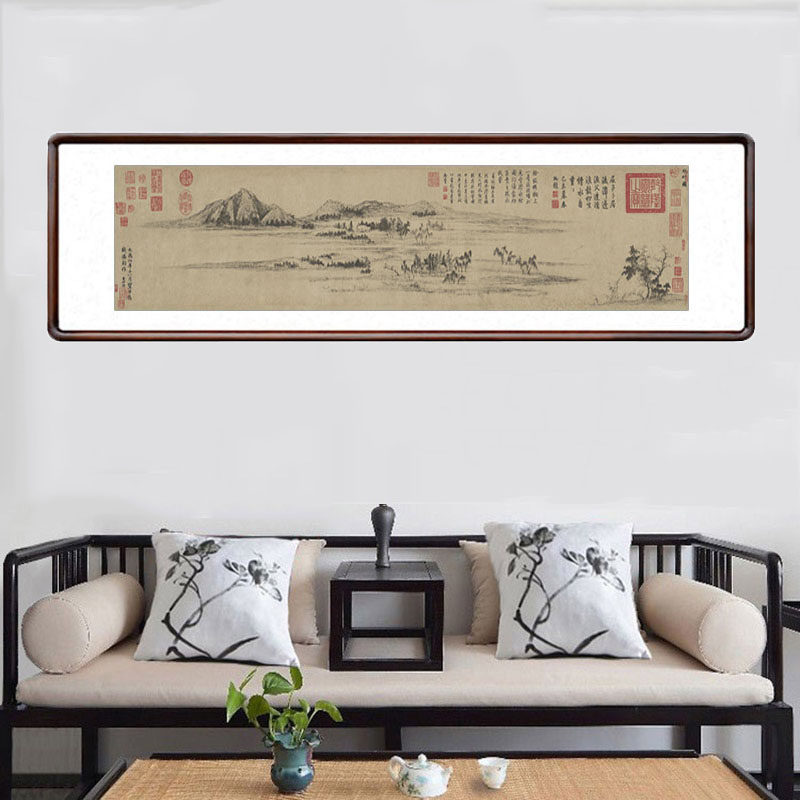 赵孟頫水村图国画水墨山水画中式客厅仿古装饰画书房茶室横版挂画