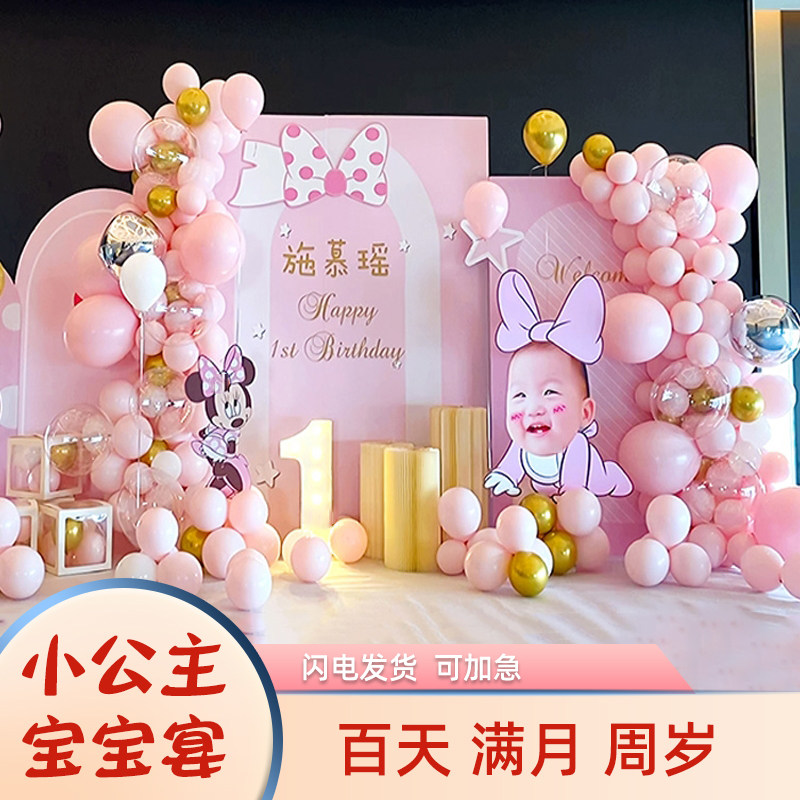 少女粉色系女宝宝生日会场景布置背景板百天一周岁宴装饰气球KT板