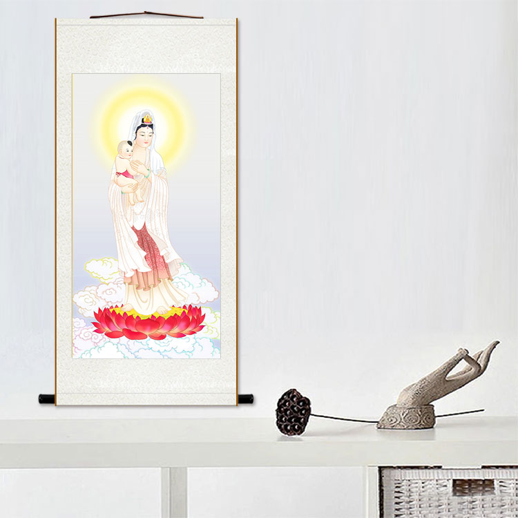 送子观音娘娘画像 观世音菩萨佛像画 中式复古装饰画卷轴挂画定制