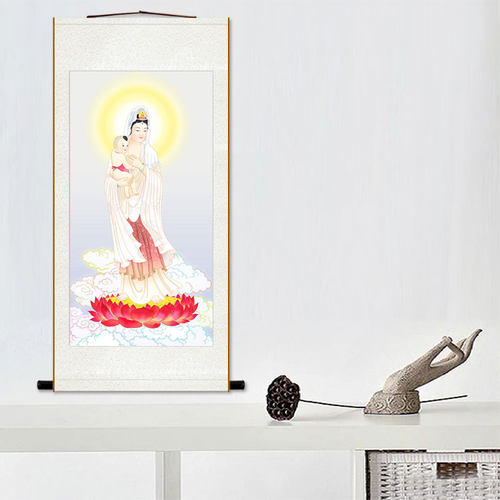 送子观音娘娘画像 观世音菩萨佛像画 中式复古装饰画卷轴挂画定制