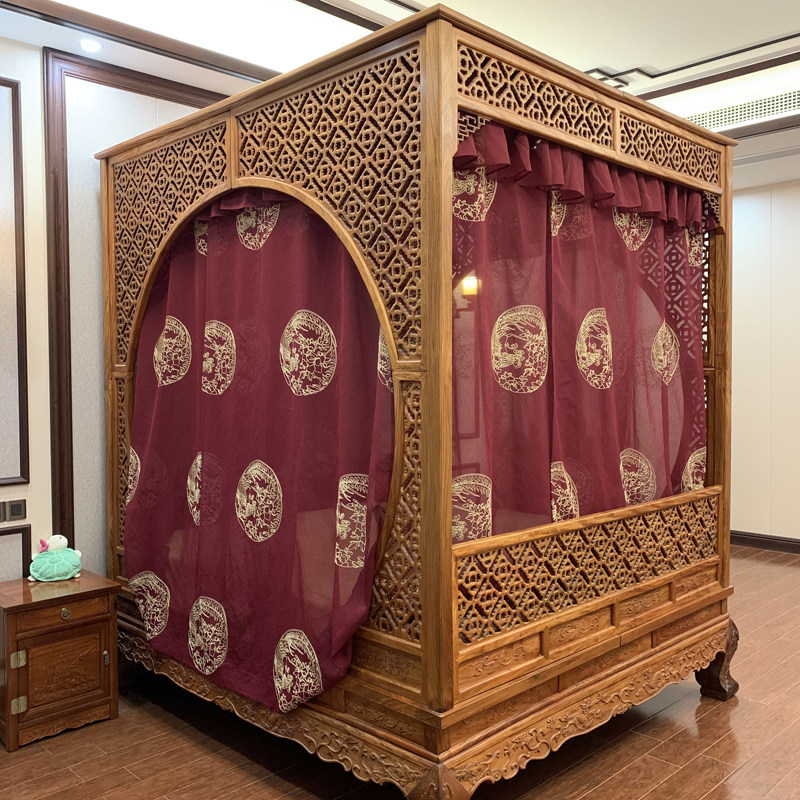 中式仿明清古典双月洞踏步架子床酒红仿麻纱绣花装饰防蚊结婚床幔