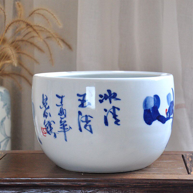 景德镇陶瓷花盆手绘青花瓷聚宝盆阳台树盆植物盆栽包邮牡丹发财树