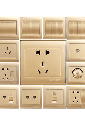 泰力开关面板 86型家用一开五孔插座墙壁墙面暗装香槟色带usb墙插