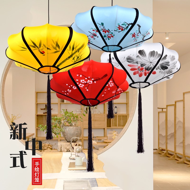 中式飞碟布艺吊灯饭店装饰灯水墨画古典灯具中国风仿古手绘红灯笼