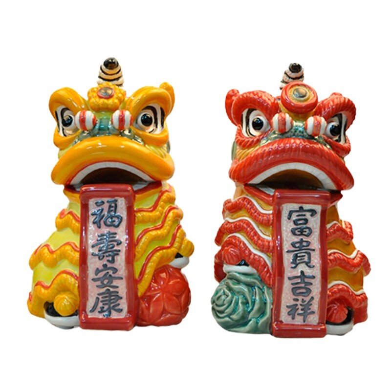 石湾公仔陶瓷醒狮摆件家居客厅办公桌面舞狮装饰品开业乔迁送礼物