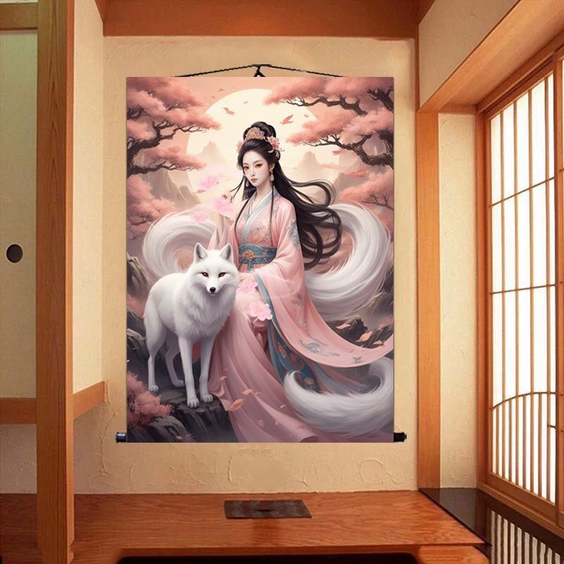 招桃花九尾狐娘娘挂画粉色九姑娘家用卧室房间装饰画堂口供奉卷轴