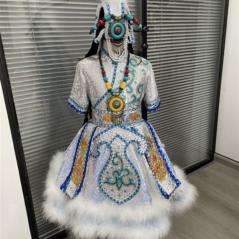 新款快乐阳光女童洁白的哈达演出服中大童藏族蒙古族少数民族服装