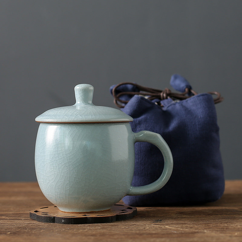 汝窑马克杯茶水分离杯带盖过滤水杯办公杯带茶隔旅行茶具陶瓷水杯