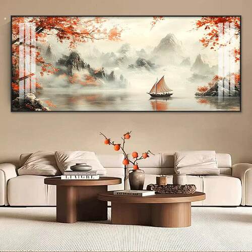 鸿运当头新中式客厅大白墙装饰画办公室背景墙挂画横版国画山水画