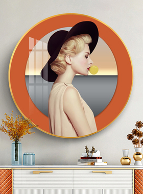 橙色美女圆形晶瓷镶钻装饰画轻奢玄关走廊尽头挂画客厅沙发墙壁画