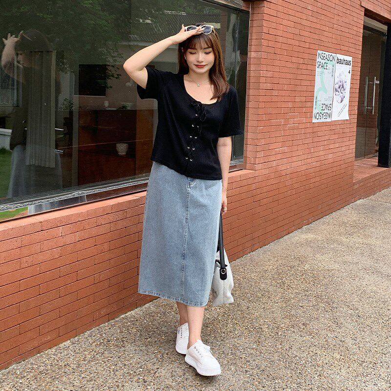 女装2024新款套装夏季大码胖mm200斤短款针织上衣牛仔半身长裙子