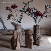 禅意中式 饰花束茶道桌面摆件天然枯木花器 实木干花花瓶复古民宿装