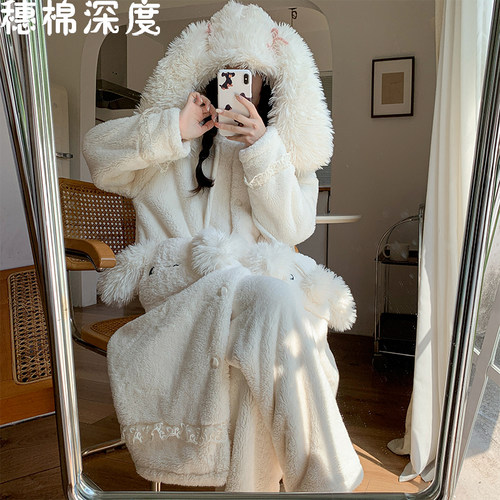 秋冬季珊瑚绒睡袍女冬款长款毛绒带帽冬天加绒加厚睡衣浴袍外披